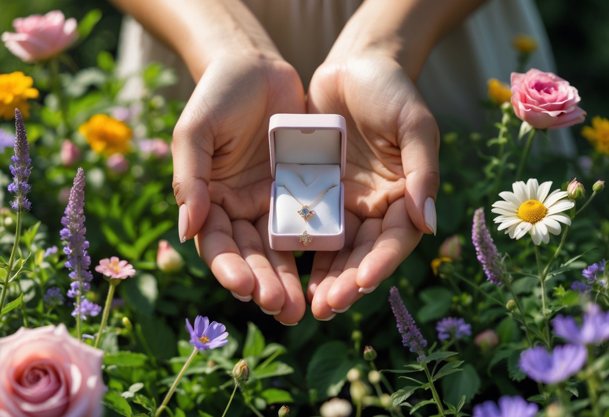 Close-up of a woman's hands holding an open jewelry box with a floral necklace, surrounded by blooming flowers in a garden.