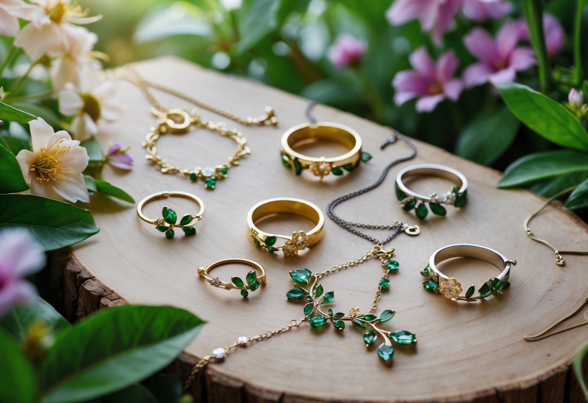 A display of garden-inspired jewelry pieces surrounded by fresh flowers and green leaves on a wooden surface.