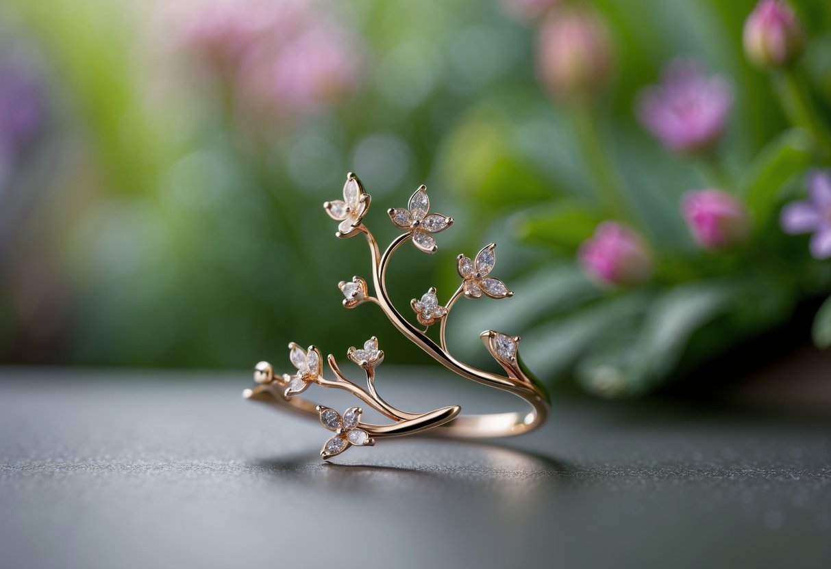 Close-up of a delicate floral-themed piece of jewelry with leaves and blossoms, set against a blurred garden background.