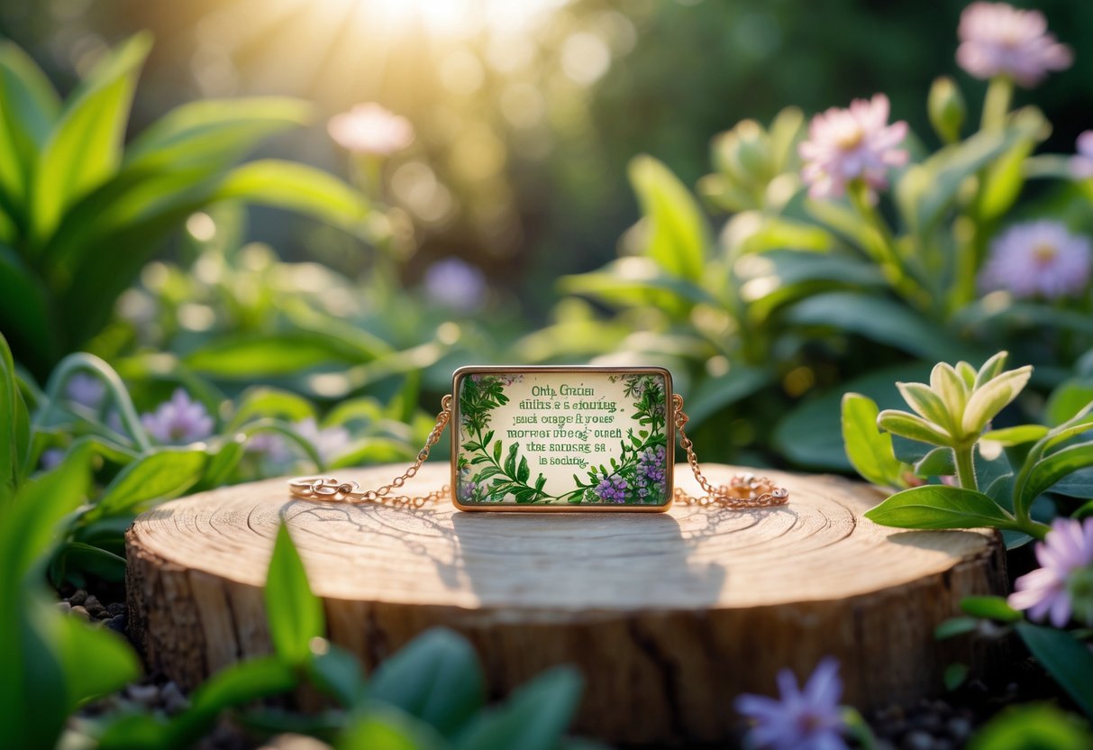 A piece of garden-inspired jewelry placed on wood surrounded by green plants and flowers with a blurred garden background.