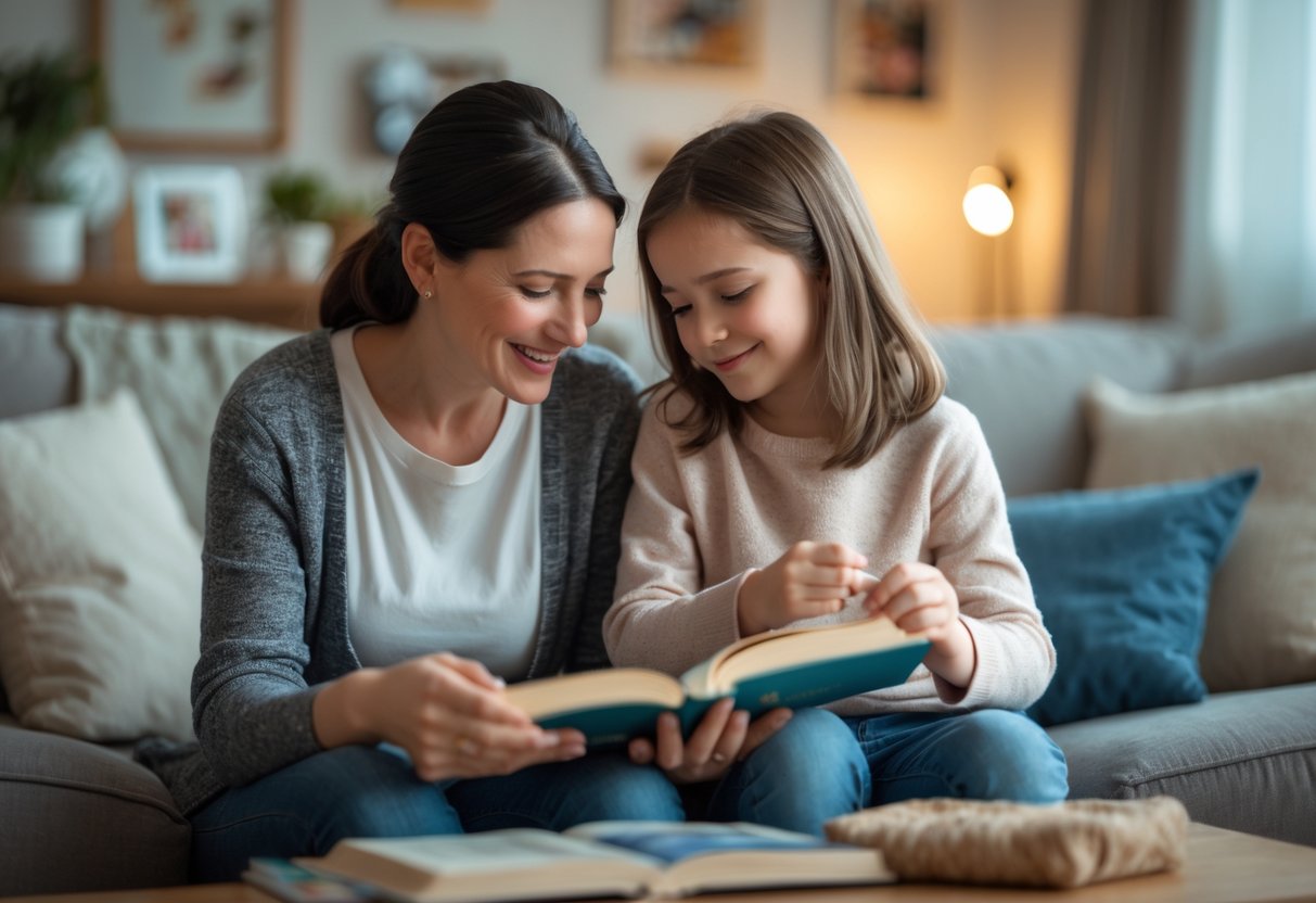 A stepmother and her child share a loving moment together at home while reading a book.
