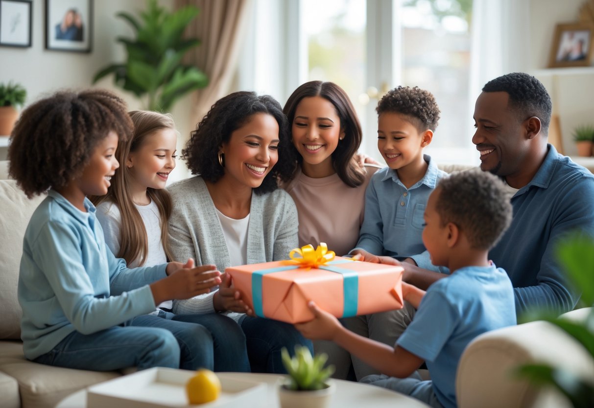 A stepmom smiling as she receives a gift from a child in a cozy living room with family nearby.