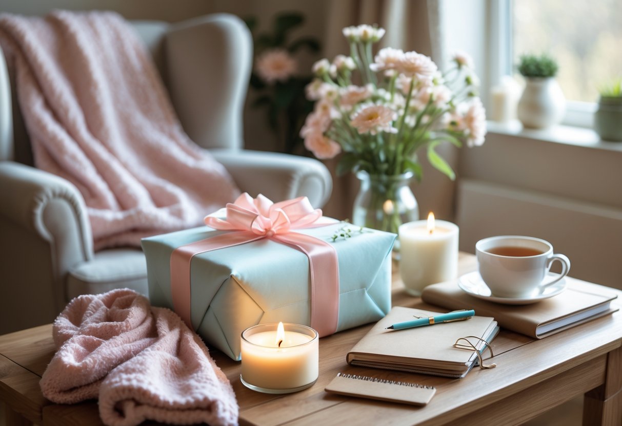 A cozy home scene with a wrapped gift box, candles, flowers, a journal, and a cup of tea arranged on a wooden table near a comfortable armchair.