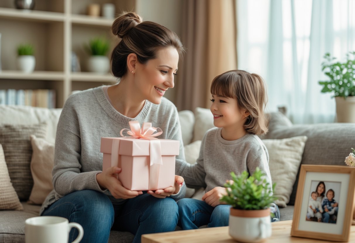 A woman and a child sitting together on a sofa, the woman holding a wrapped gift while they share a happy moment in a cozy living room.