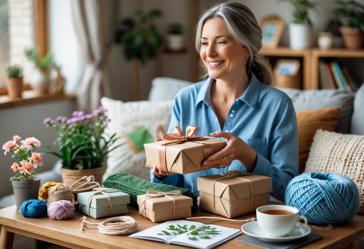 A smiling woman holding a wrapped gift in a cozy living room surrounded by hobby-related items like art supplies, knitting yarn, gardening tools, books, and a cup of tea.