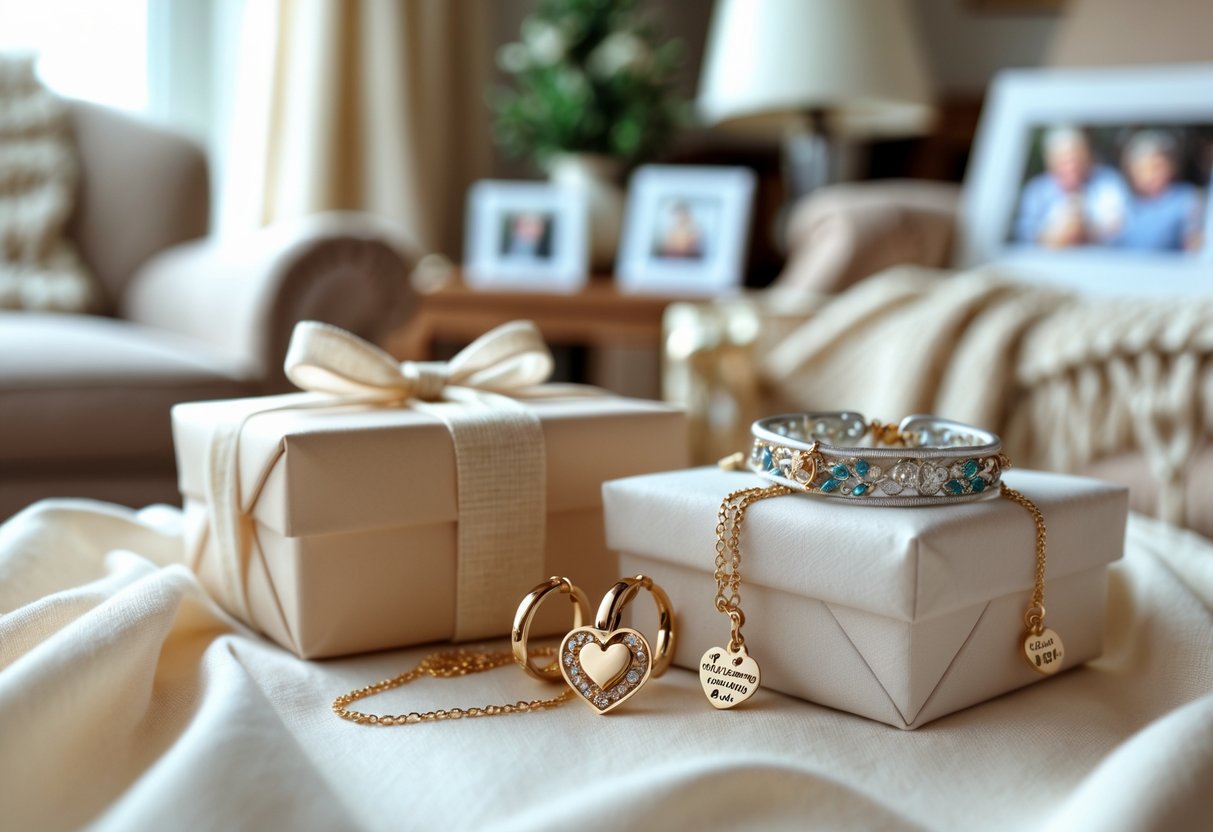 Close-up of elegant jewelry gifts including a heart-shaped necklace, silver earrings, and a charm bracelet displayed on soft fabric with a blurred cozy living room in the background.