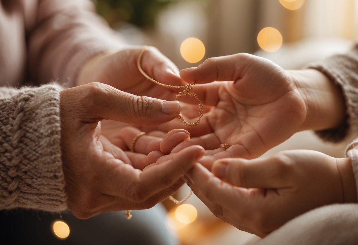 Two pairs of hands exchanging a delicate jewelry gift in a warm, cozy setting, symbolizing love and connection between distant family members.