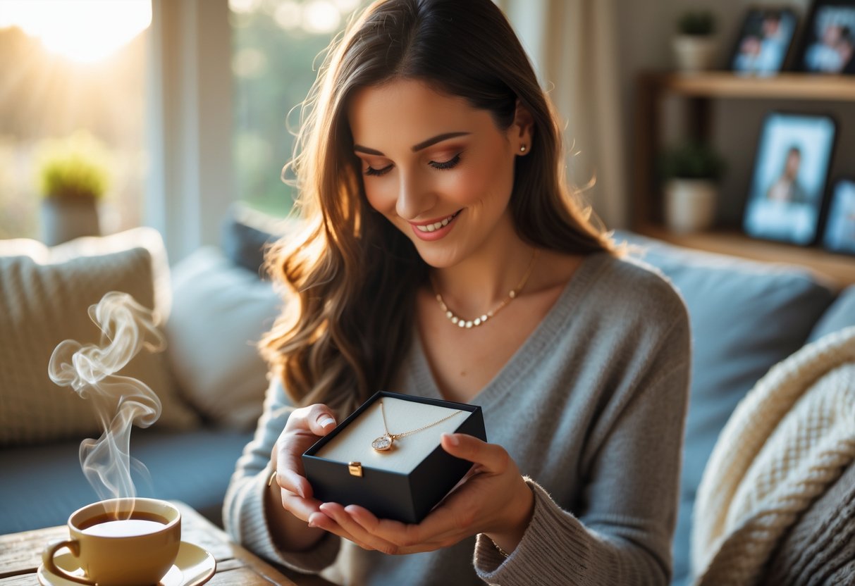 A woman holding an open jewelry gift box with a necklace inside, sitting in a cozy living room with family photos and a cup of tea nearby.