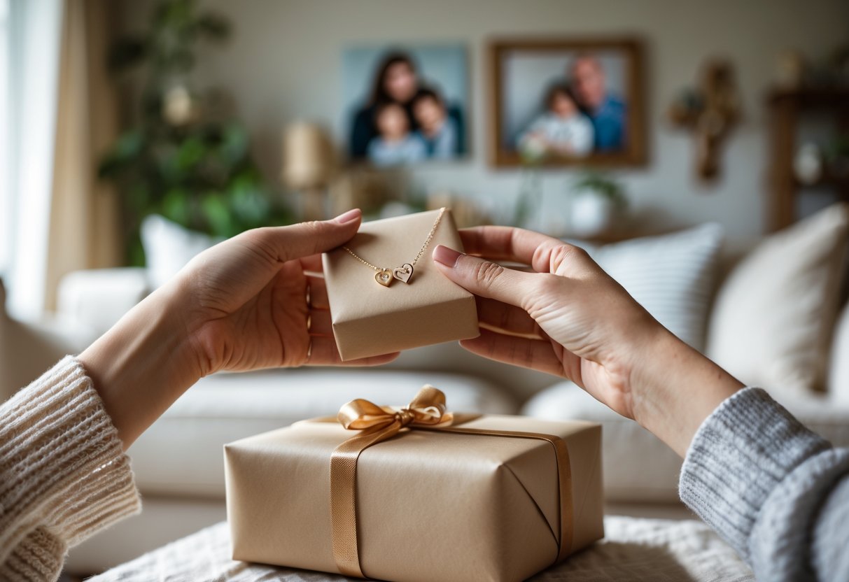 Close-up of hands exchanging a wrapped jewelry gift box with a personalized necklace inside in a cozy living room setting.