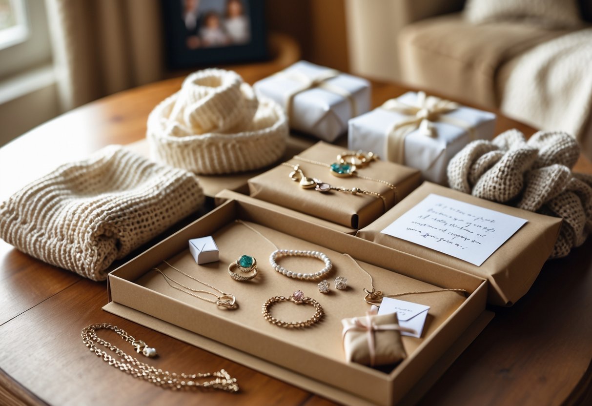 A care package with jewelry, scarves, handwritten notes, and wrapped gifts on a wooden table.