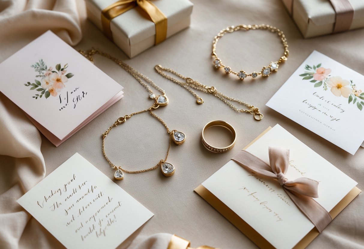 Flat lay of elegant jewelry pieces next to heartfelt greeting cards on a soft fabric background.