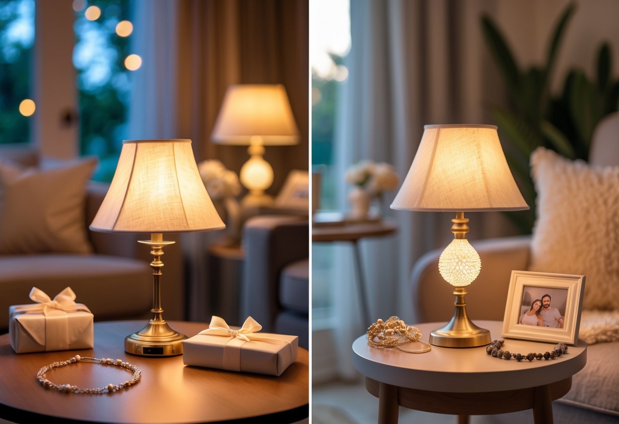 Two glowing friendship lamps and jewelry gifts displayed in cozy home settings, symbolizing connection between distant family members.