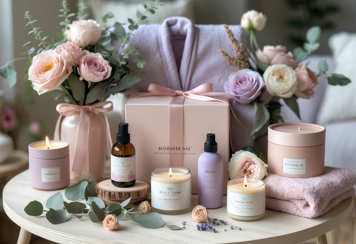 A neatly arranged Mother's Day gift set with candles, soaps, essential oils, flowers, and a bathrobe on a wooden table.
