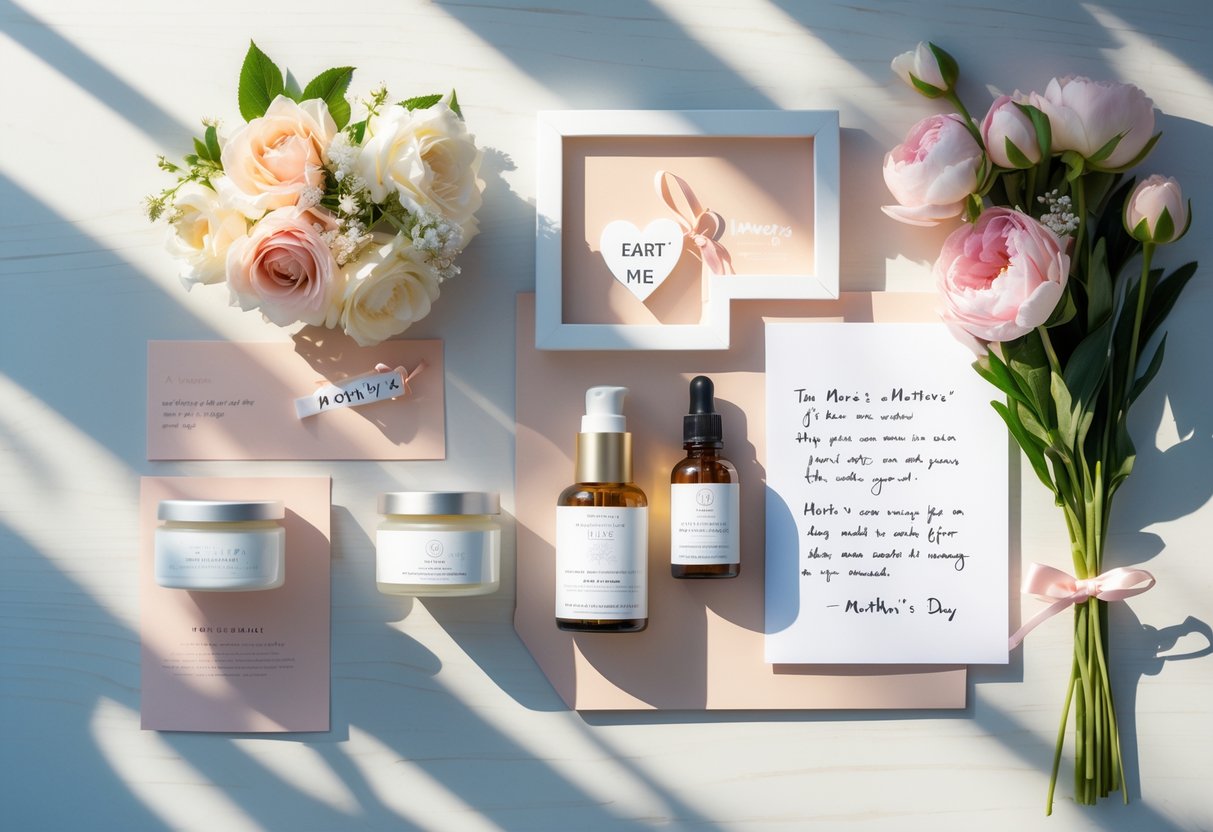 A flat lay of a Mother's Day gift set with skincare products, a handwritten card, fresh flowers, and a small framed photo on a light wooden surface.