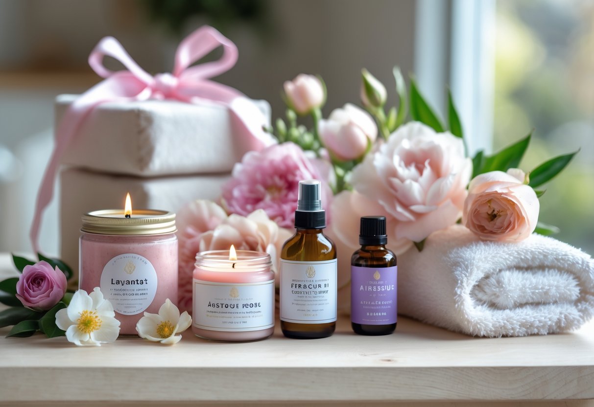 A neatly arranged Mother's Day self-care gift set with candle, body scrub, eye mask, essential oil, towel, and flowers on a wooden surface.