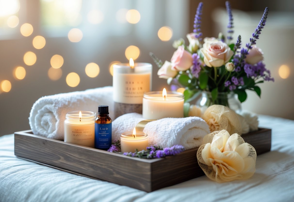 A wooden tray with spa items including candles, essential oils, bath salts, a towel, and fresh flowers arranged for a relaxing at-home pampering experience.