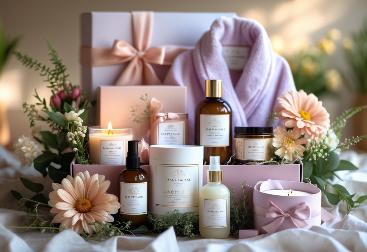 A beautifully arranged gift set with self-care items and fresh flowers on a soft surface.