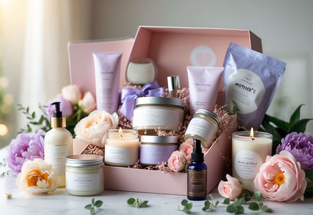 A gift box filled with beauty and personal care products surrounded by fresh flowers on a softly lit surface.