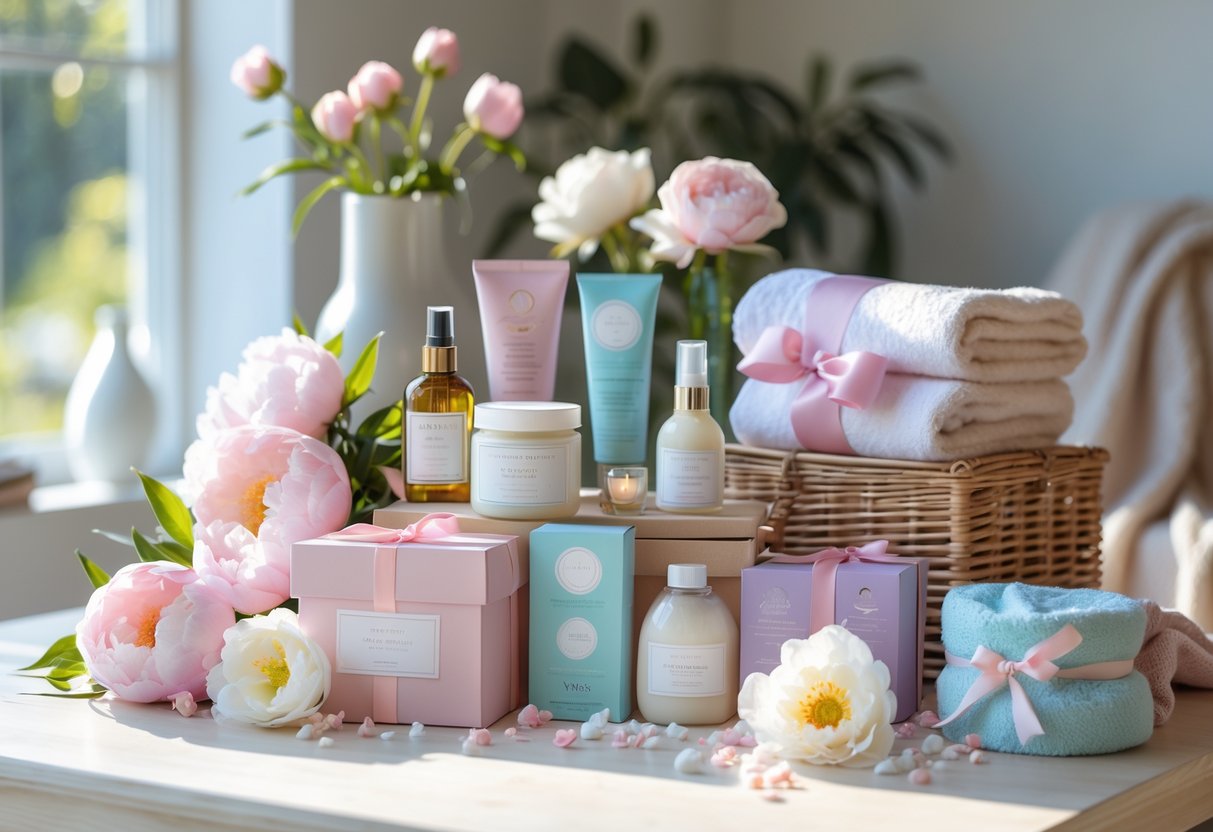 An arrangement of Mother's Day wellness gift sets including candles, essential oils, bath salts, lotions, and flowers on a wooden table with natural light.