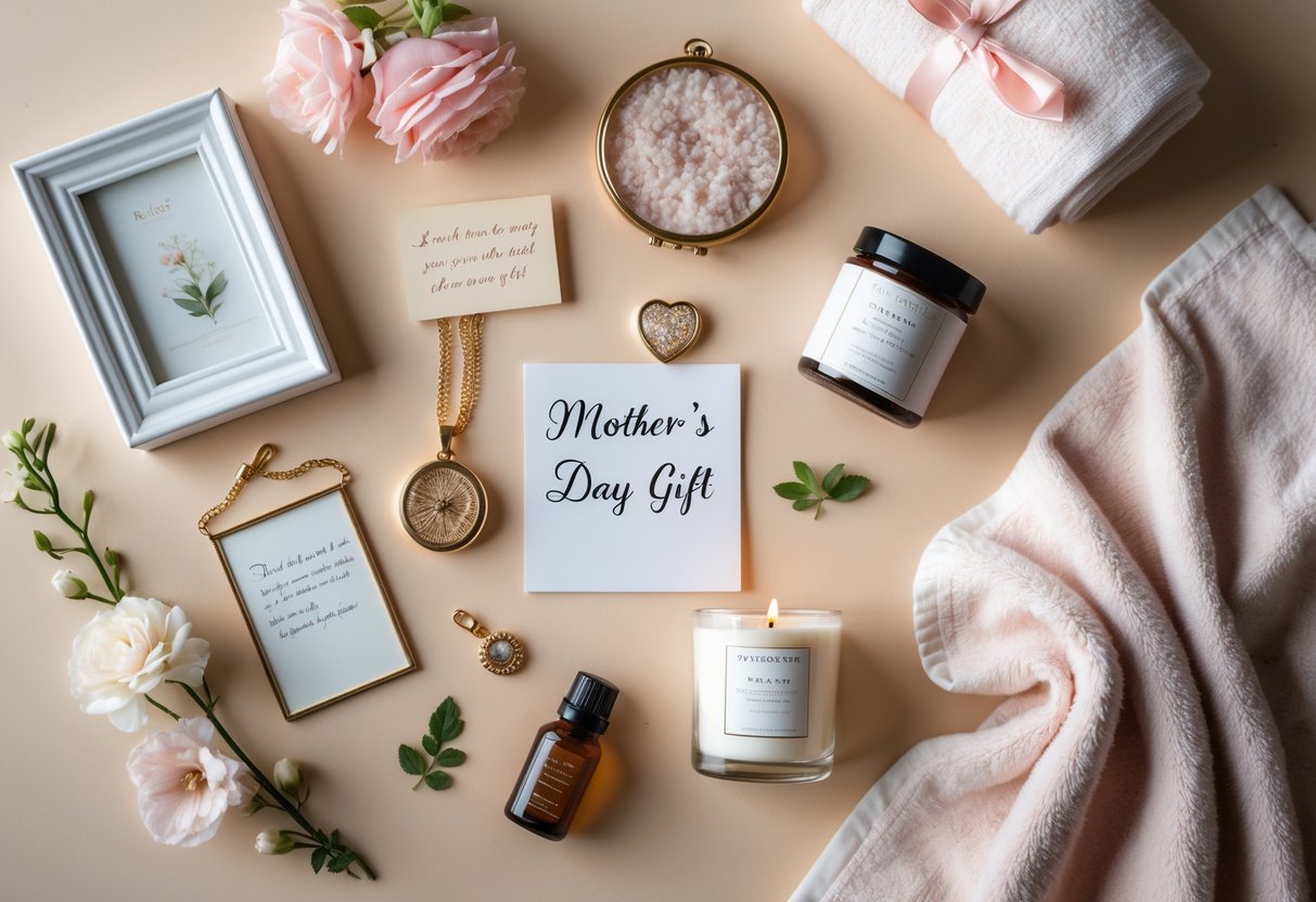 A flat lay of Mother's Day gifts including a photo frame, handwritten note, locket, scented candle, bath salts, essential oil, and a folded towel arranged on a pastel background.
