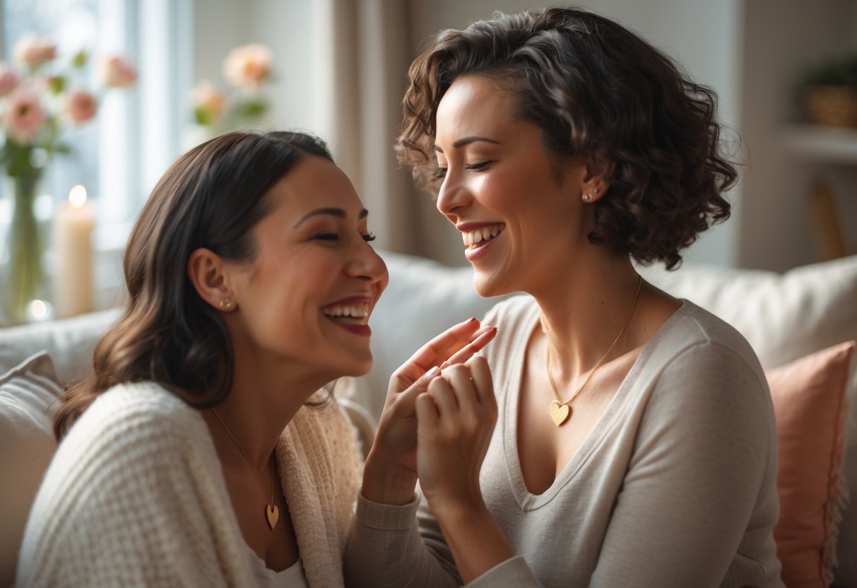 Two women sharing a joyful moment as one gives the other a gold heart necklace in a cozy living room.