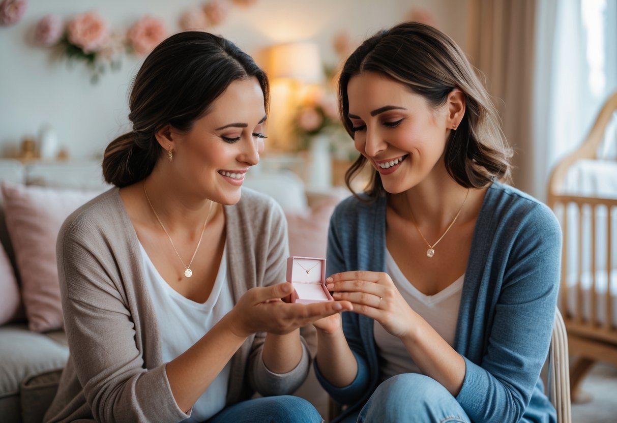 Two women smiling as one gives a delicate necklace to the other, celebrating her first Mother's Day in a cozy room with baby items nearby.