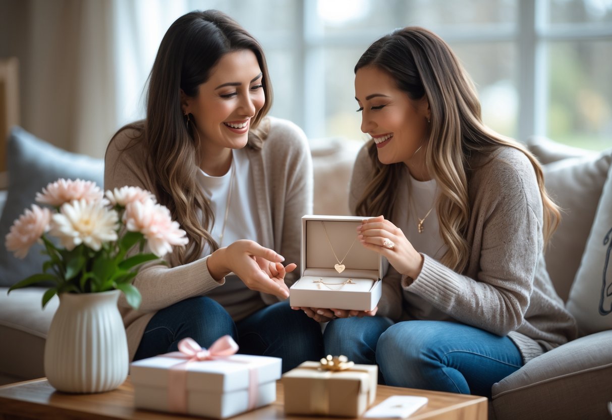 Two women sitting together in a cozy living room, one giving the other a necklace as a gift, both smiling warmly.