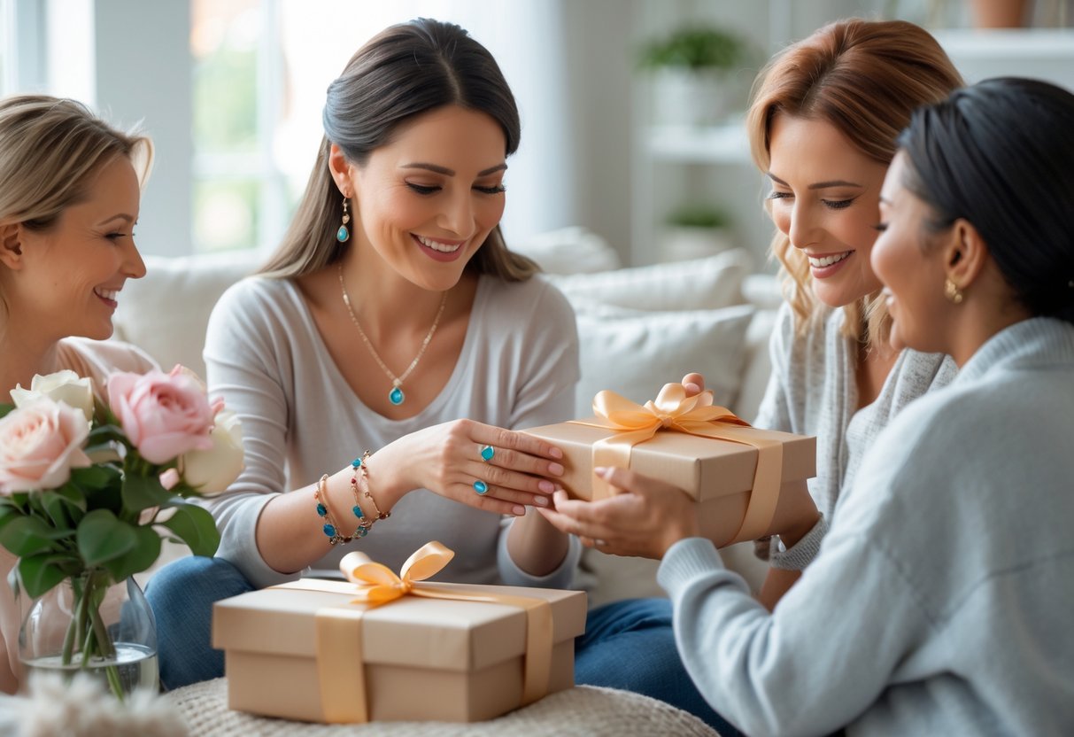 A new mom smiling as she receives a gift of personalized birthstone jewelry from her friends in a cozy home setting.