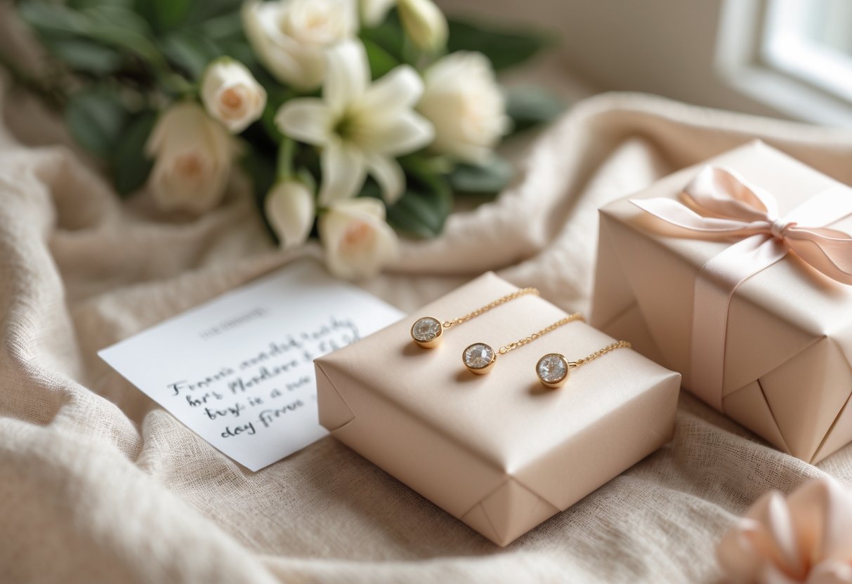 A close-up of a wrapped gift box next to delicate jewelry and fresh flowers on a soft fabric background.