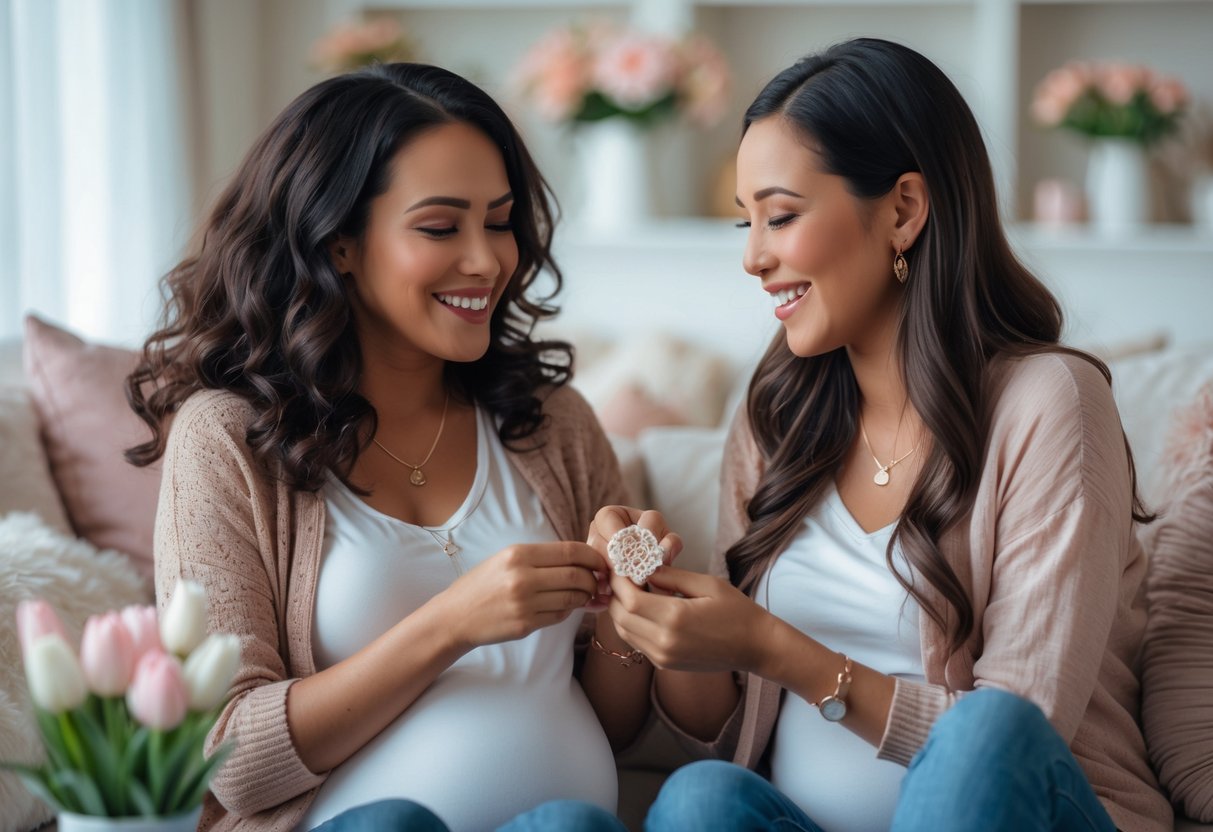 Two women sitting together, one giving jewelry to the other to celebrate her first Mother's Day.