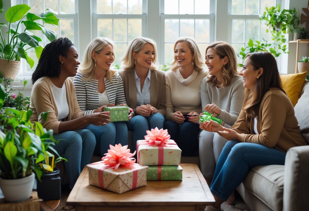 A group of women gathered in a cozy room, smiling and talking with wrapped gifts on a table and plants in the background.