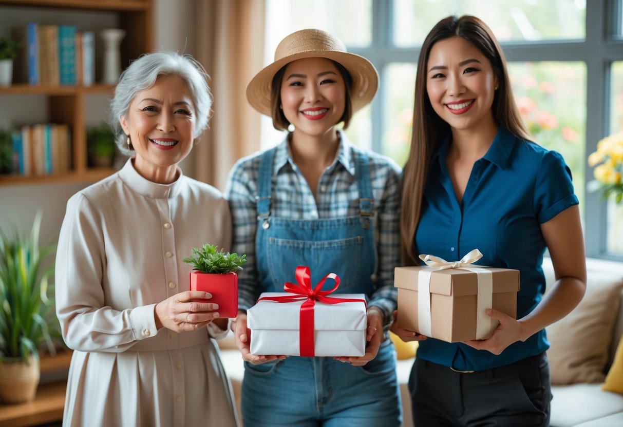 Three women representing a church mom, a gardener, and a work friend, each holding a gift and smiling together in a cozy living room.