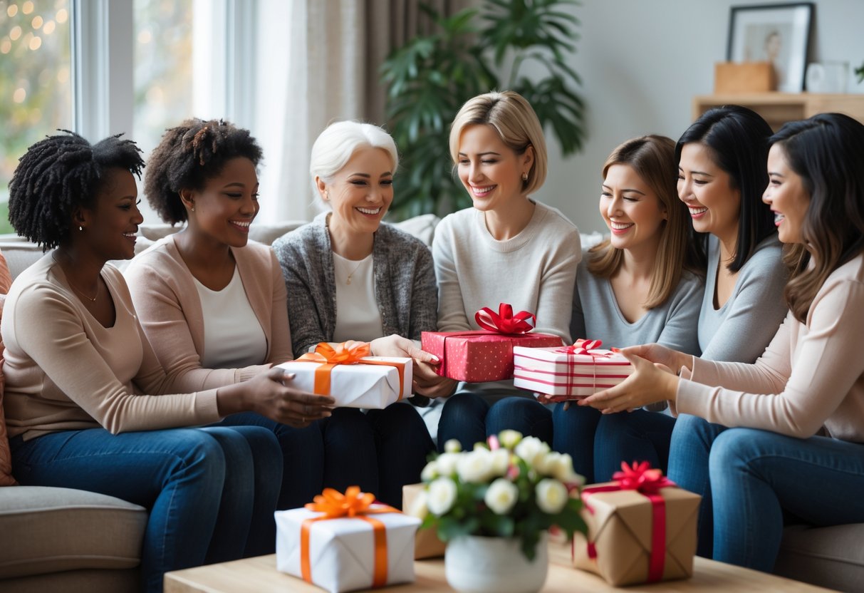 A group of women exchanging gifts in a cozy living room, with plants, books, and office items nearby.