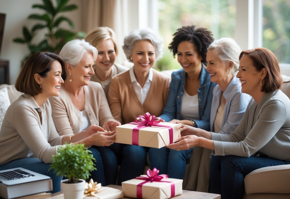 A group of women smiling and exchanging gifts in a cozy living room, surrounded by items representing gardening, church, and work.