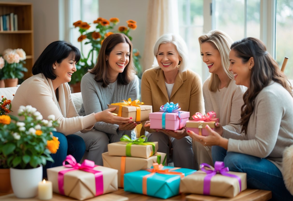 A group of women exchanging gifts in a cozy room with plants, work items, and subtle church decorations, smiling and sharing a warm moment.