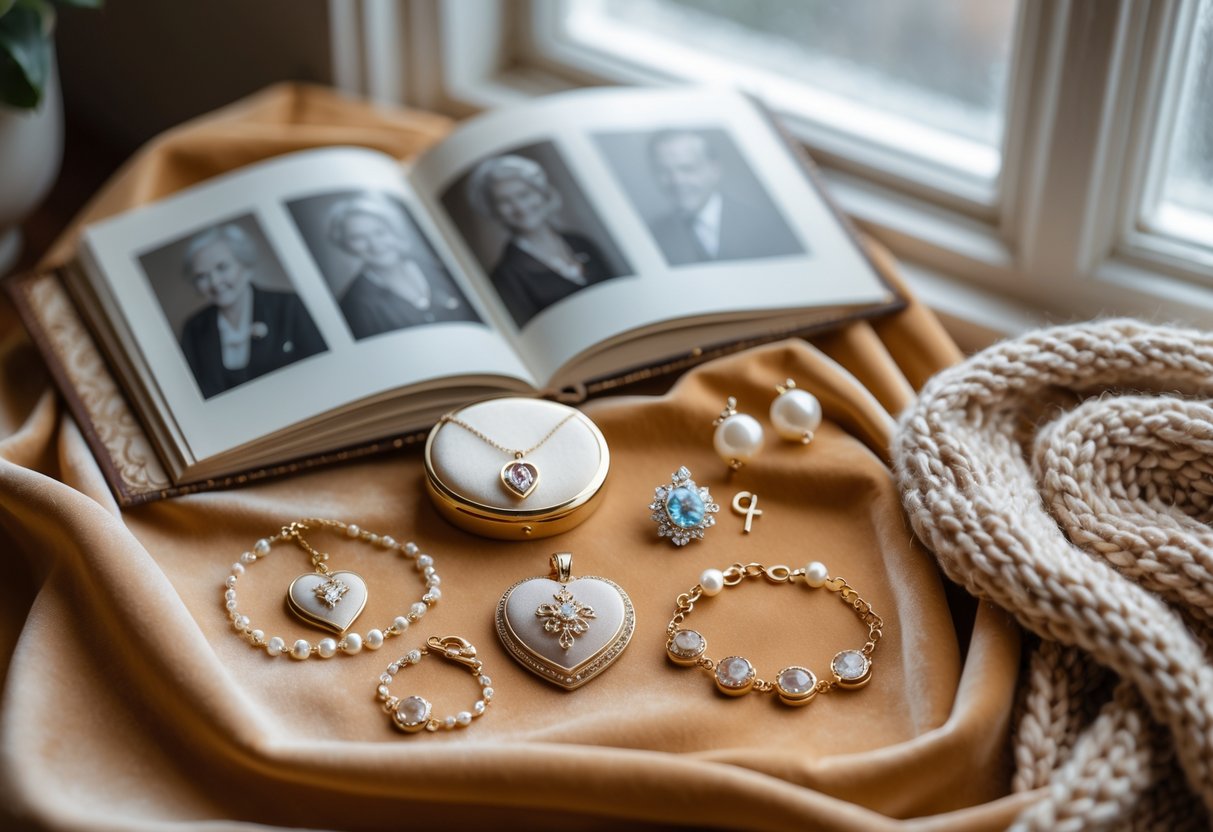 A close-up of elegant jewelry including a locket necklace, charm bracelet, pearl earrings, and a brooch arranged on velvet cloth with a photo album and knitted shawl in the background.