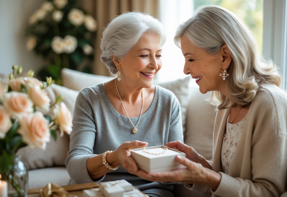 A grandmother smiling as her granddaughter gives her a jewelry gift in a cozy living room.