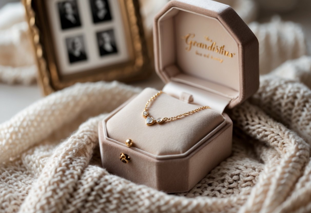 A sparkling necklace on a velvet box surrounded by a vintage photo frame and a knitted blanket, symbolizing a special gift for a grandmother.