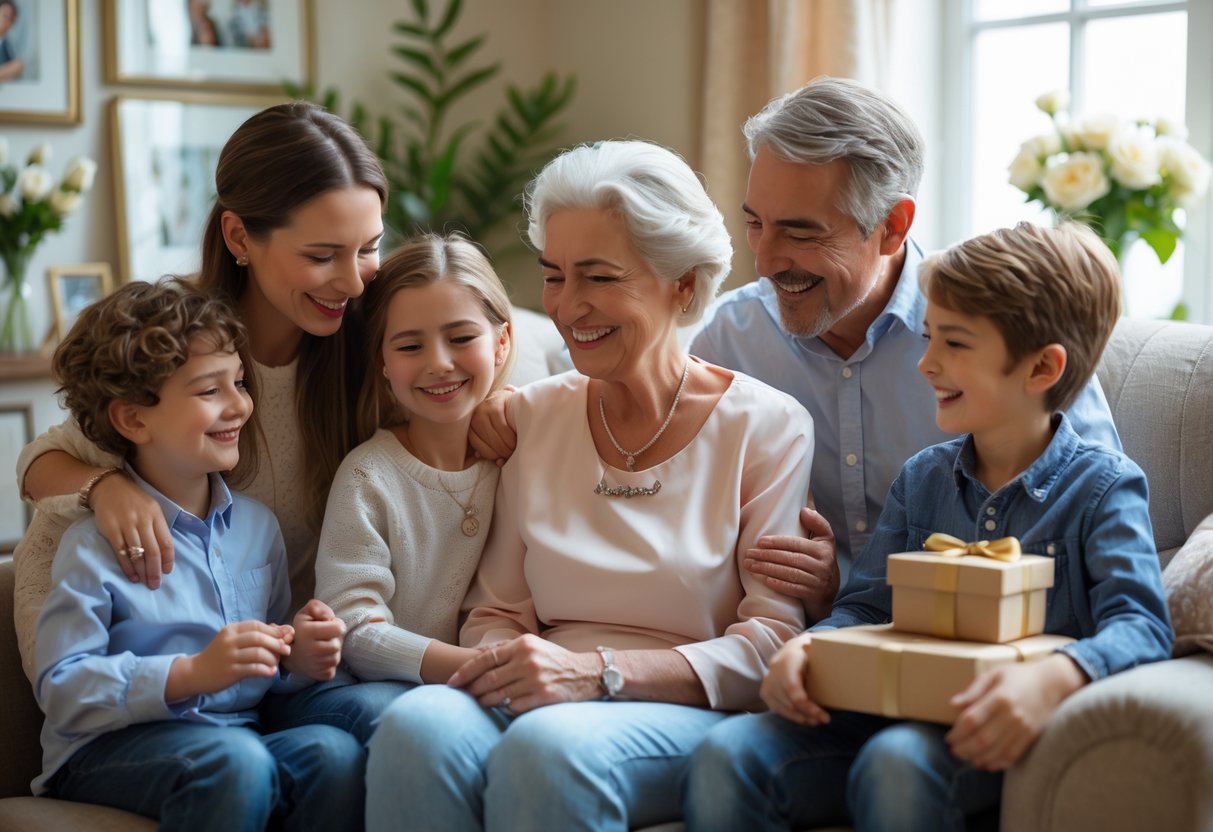 A grandmother surrounded by her adult children and grandchildren, all sharing a warm moment while she wears a personalized necklace.
