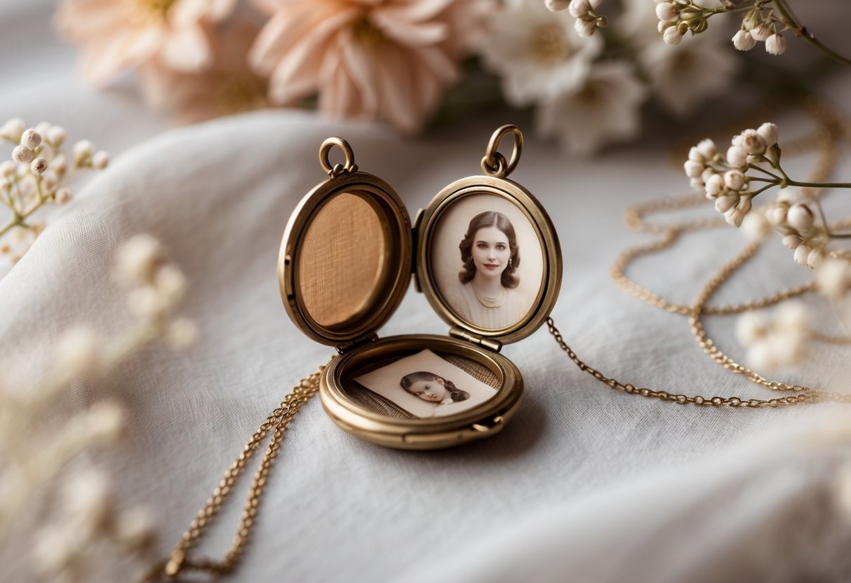 An open vintage locket necklace with a small photograph inside, placed on soft fabric with flowers around it.