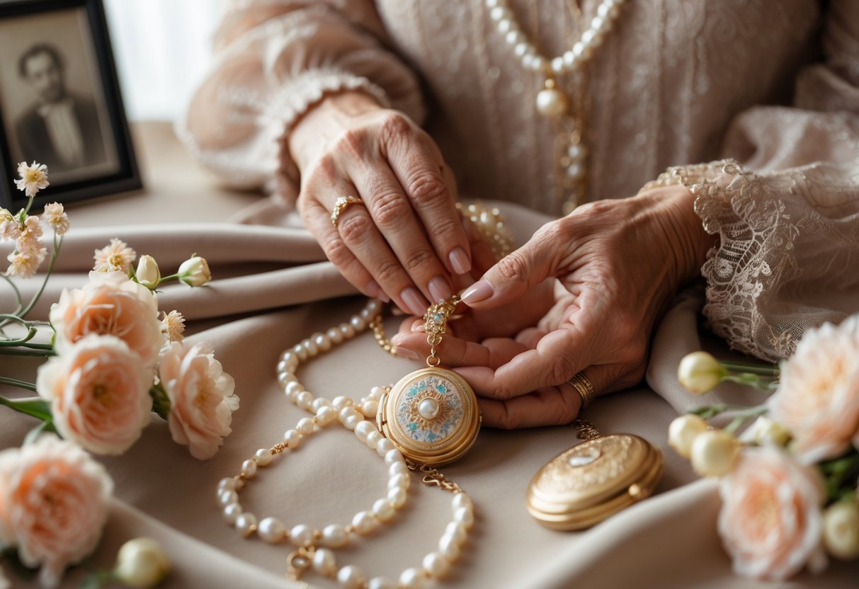 Close-up of a grandmother's hands holding a pearl necklace and gold locket with a blurred family photo and flowers in the background.
