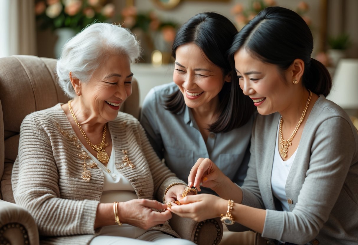 Three generations of women sharing a joyful moment as a grandmother receives elegant jewelry gifts from her daughter and granddaughter in a cozy living room.