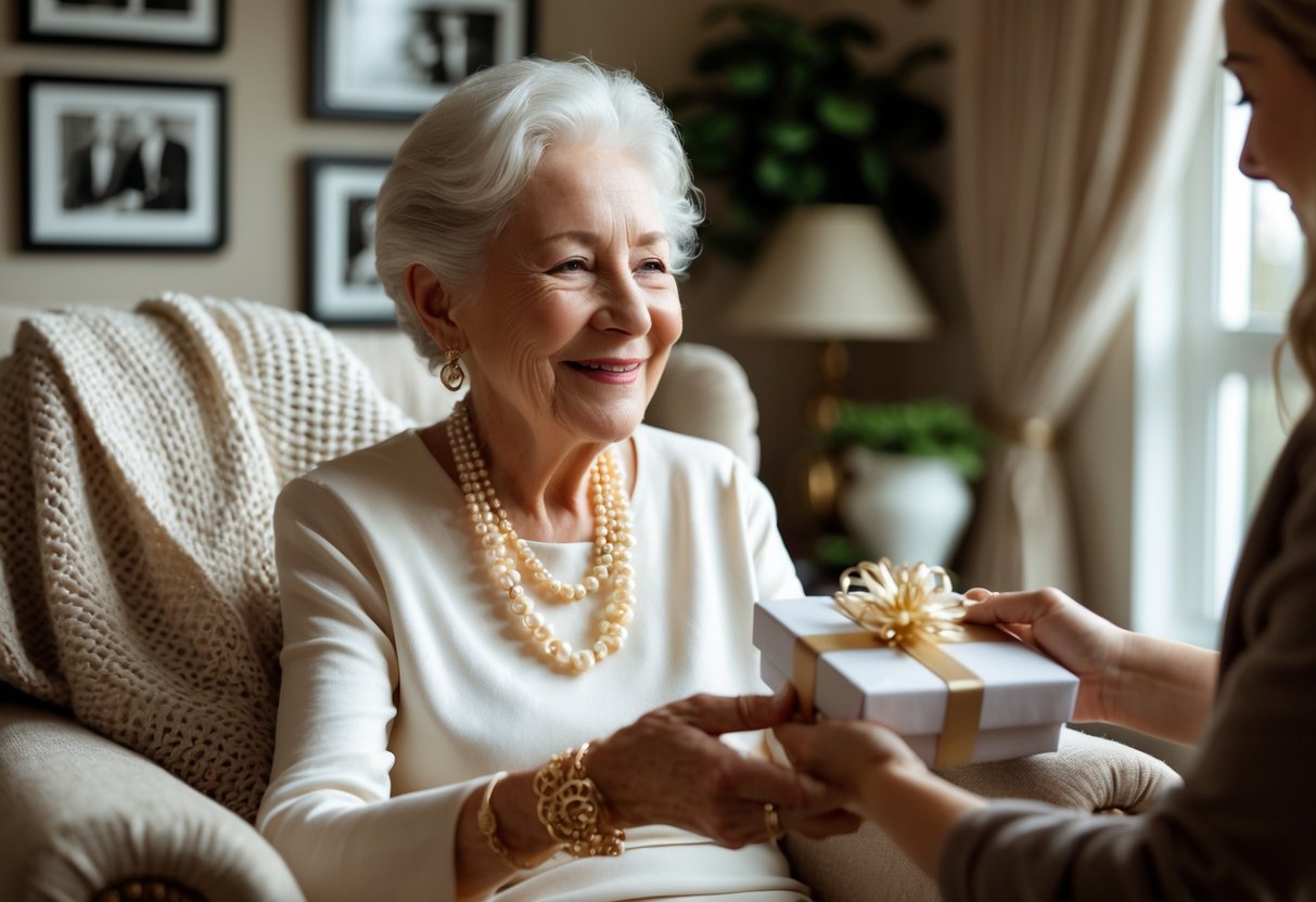 An elderly woman wearing elegant jewelry receives a gift box from a younger family member in a cozy living room with family photos in the background.