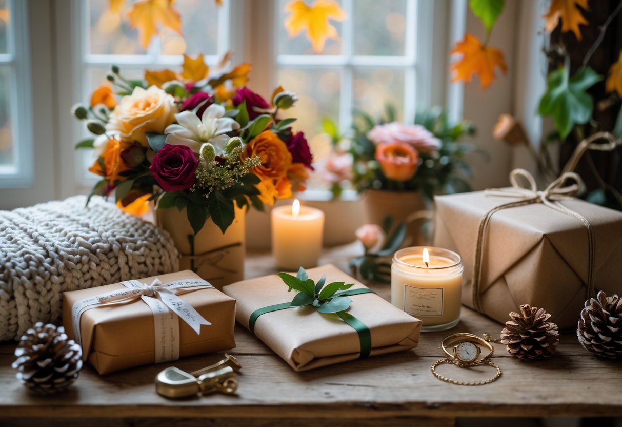 A collection of thoughtful gifts including a knit blanket, flowers, journal, candle, and jewelry arranged on a wooden table with seasonal decorations in the background.