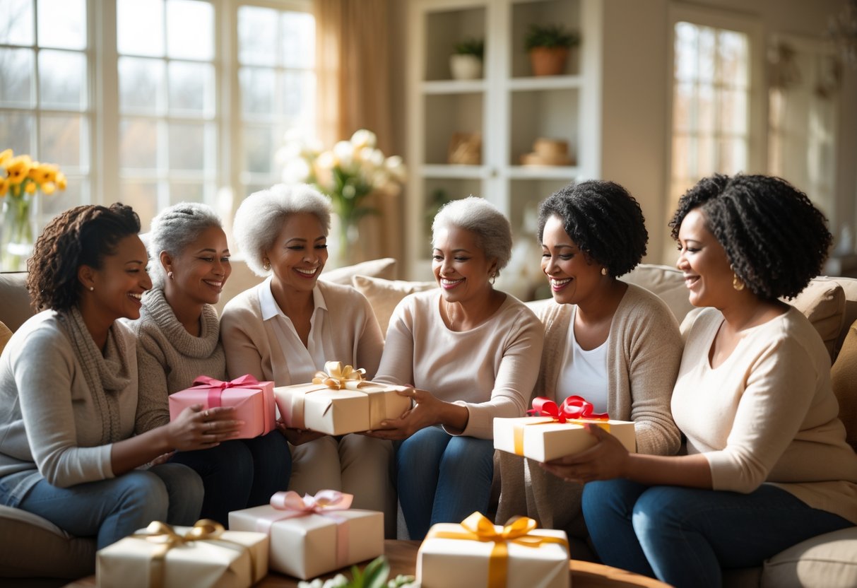 A group of women of different ages exchanging gifts in a cozy living room filled with natural light and seasonal decorations.