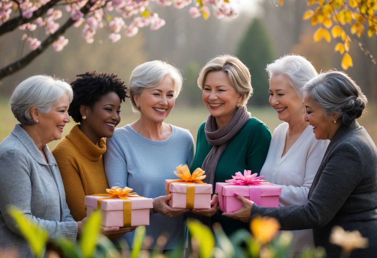 A group of women of different ages and backgrounds outdoors exchanging gifts surrounded by seasonal nature elements.