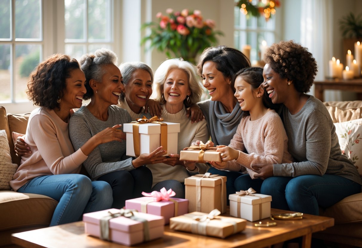 A group of women of different ages happily exchanging gifts in a cozy, sunlit living room decorated with seasonal elements.