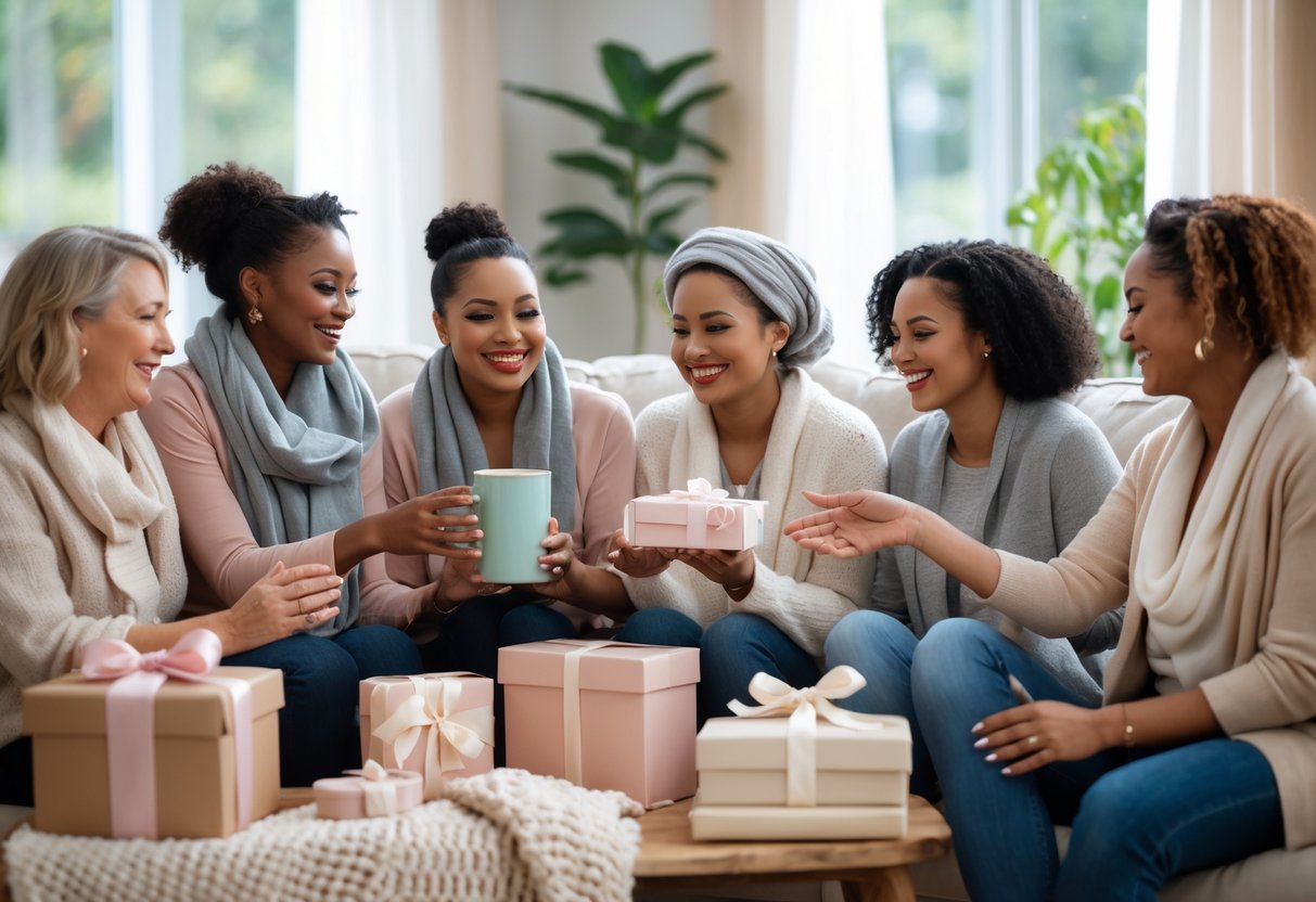 A group of women of different ages sharing gifts in a cozy living room filled with natural light and plants.