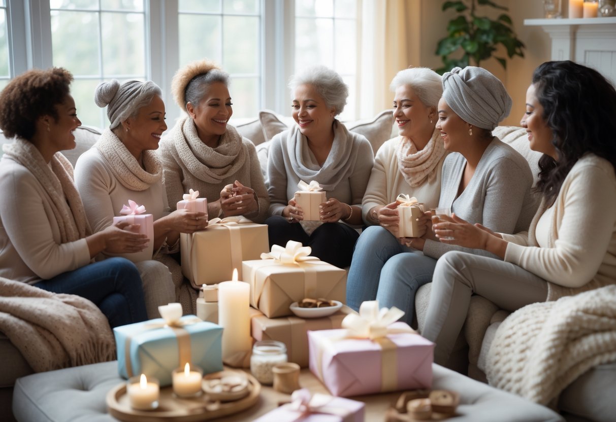 A group of women of different ages sharing gifts and enjoying a cozy moment together in a softly lit living room.