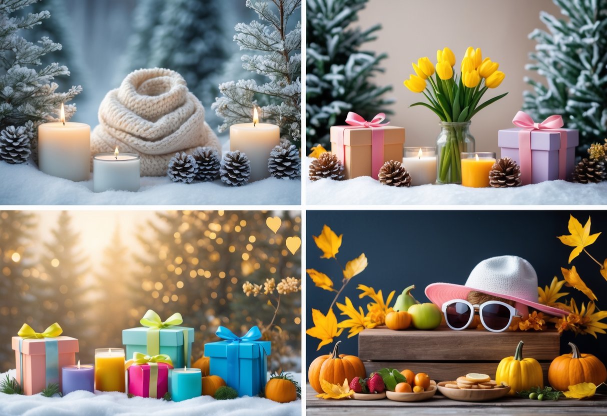 A table divided into four sections showing seasonal gifts for winter, spring, summer, and fall, including cozy scarves and candles, fresh flowers, sun hats and fruits, and pumpkins with autumn leaves.